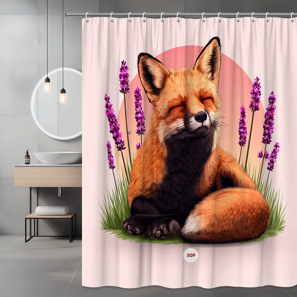Fox and Lavender Shower Curtain, Pink Floral Animal Print