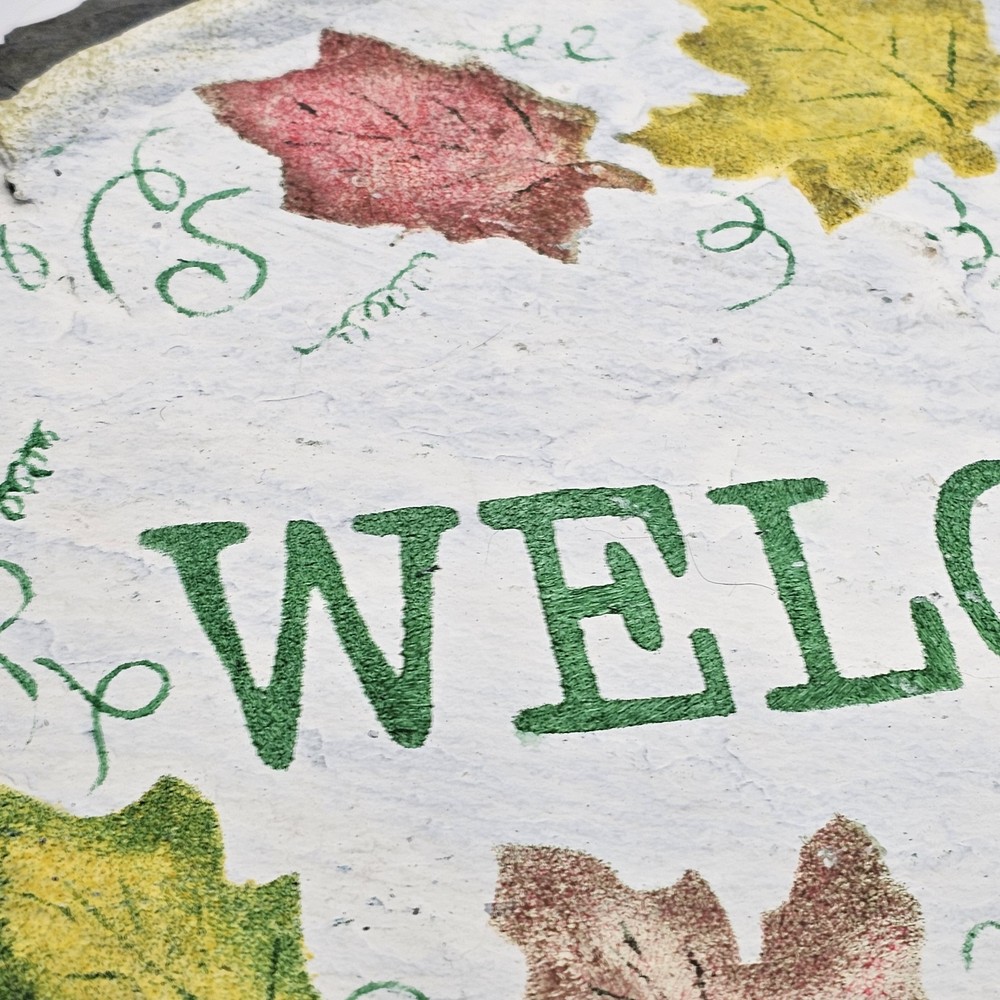 Hand Painted Welcome Sign On Slate Leaf Design Wall Hanging 12x9