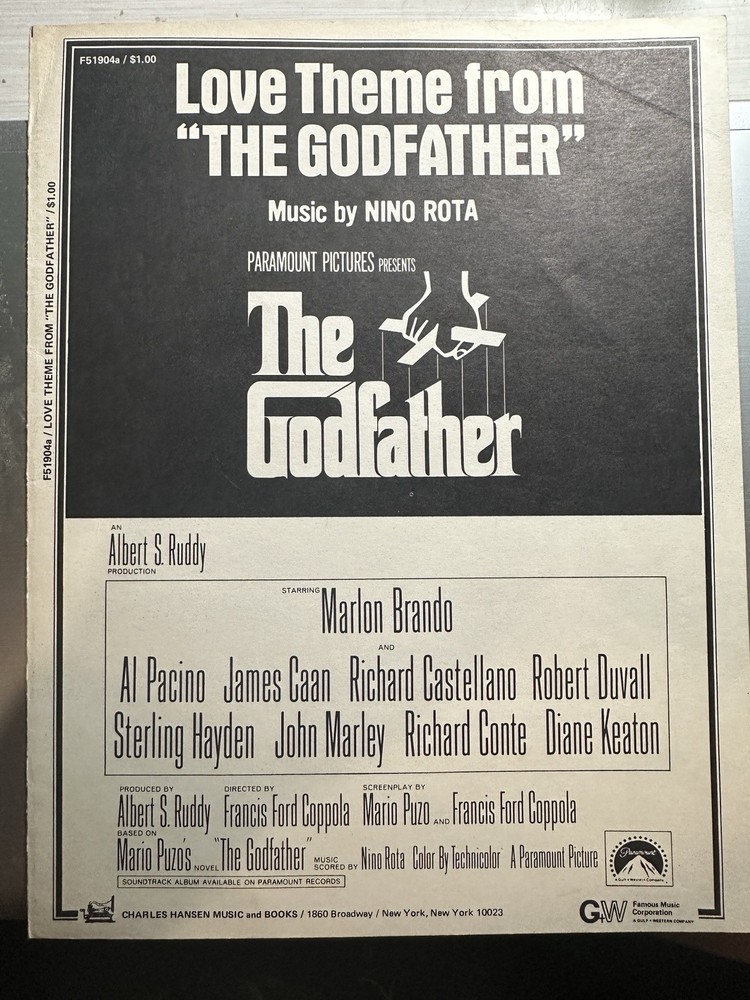 B THE GODFATHER Movie Sheet Music ‘Love Theme’ by Nino Rota