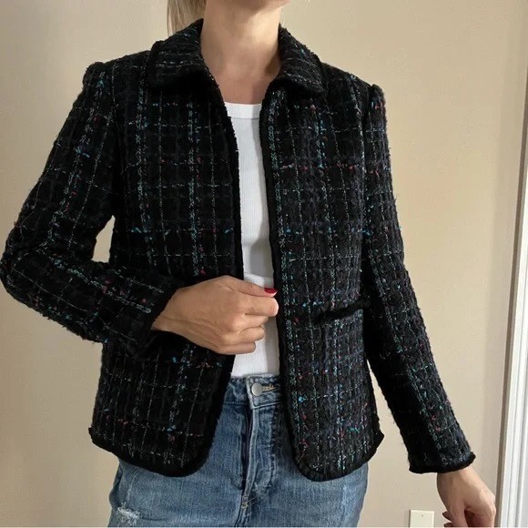 Ann Taylor Petite Size 00P Blazer Jacket Black Purple Knit Tweed Peplum