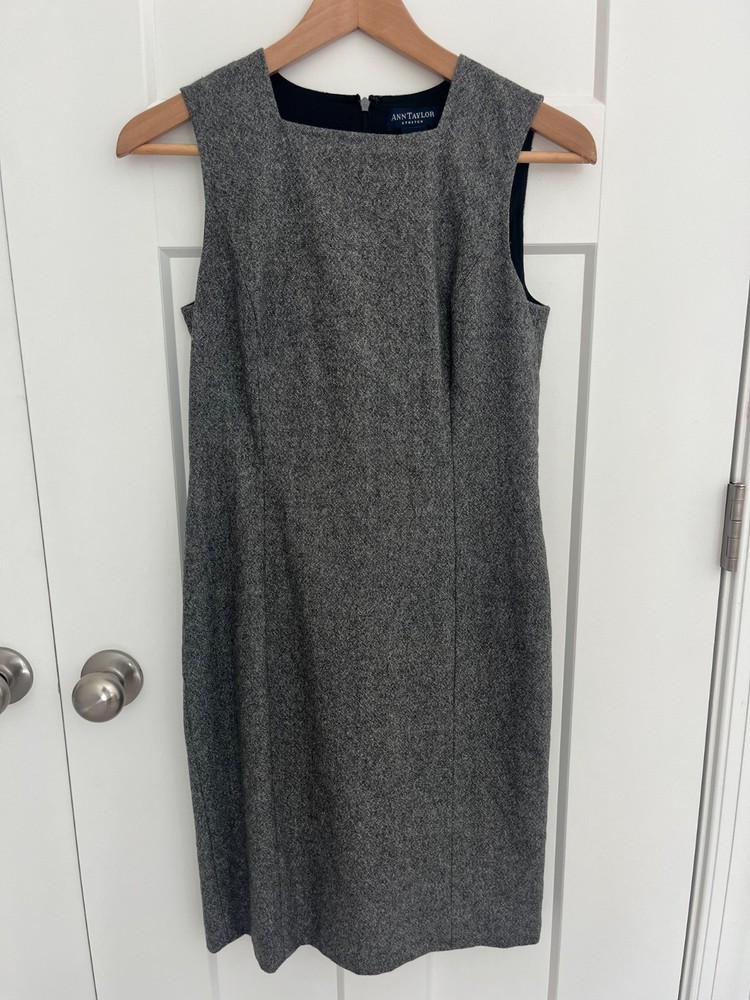 Ann Taylor Gray Wool Blend Sheath Dress 4P Petite Stretch Sleeveless Career Work