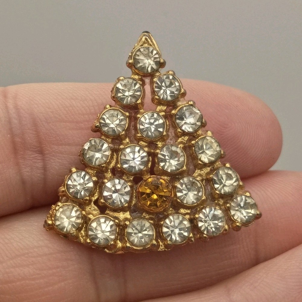 Vintage Christmas Tree Pin Brooch Gold Tone Clear Amber Rhinestone Jewelry