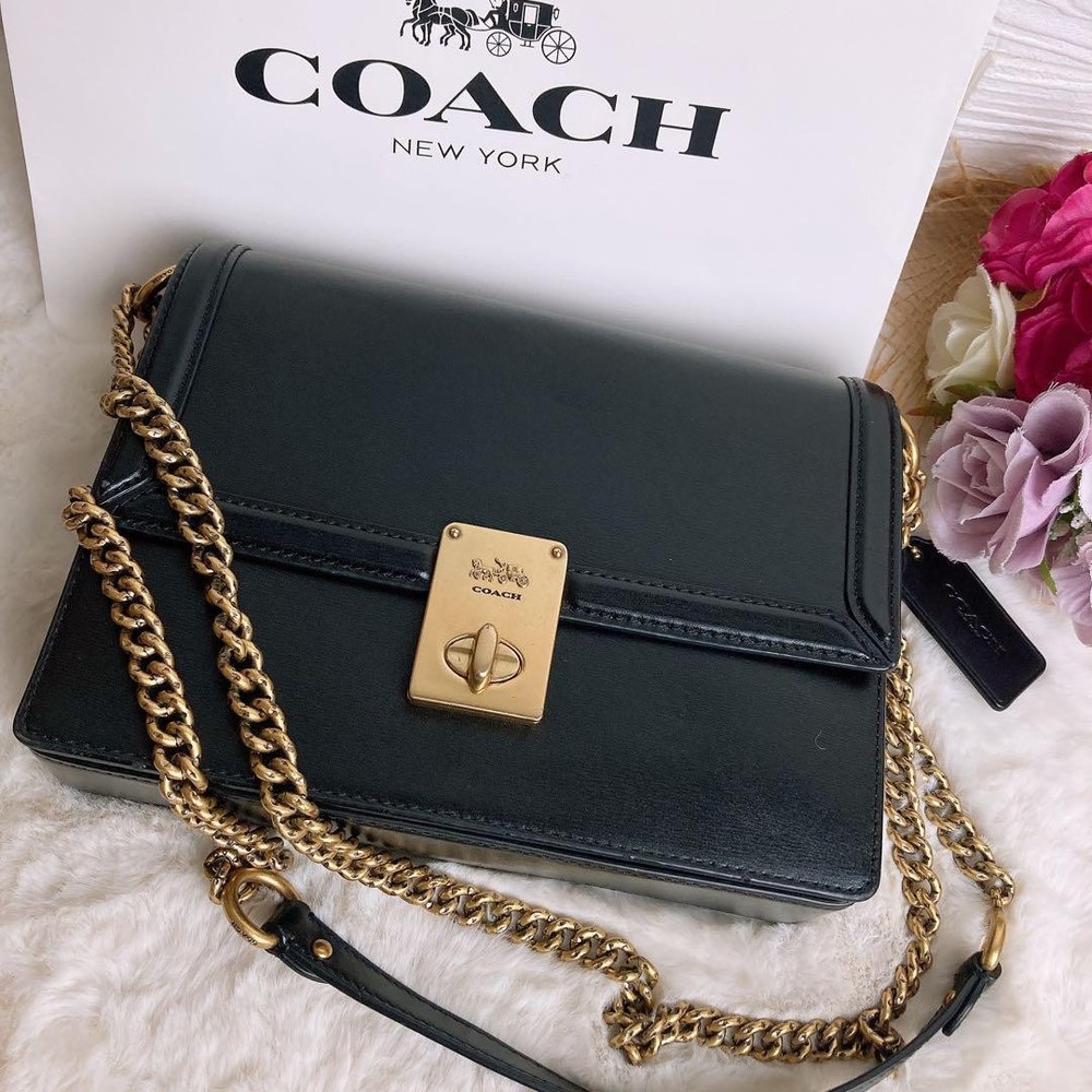 Coach Black Gold Chain Shoulder Bag Two-Way Leather Crossbody Pre-Owned