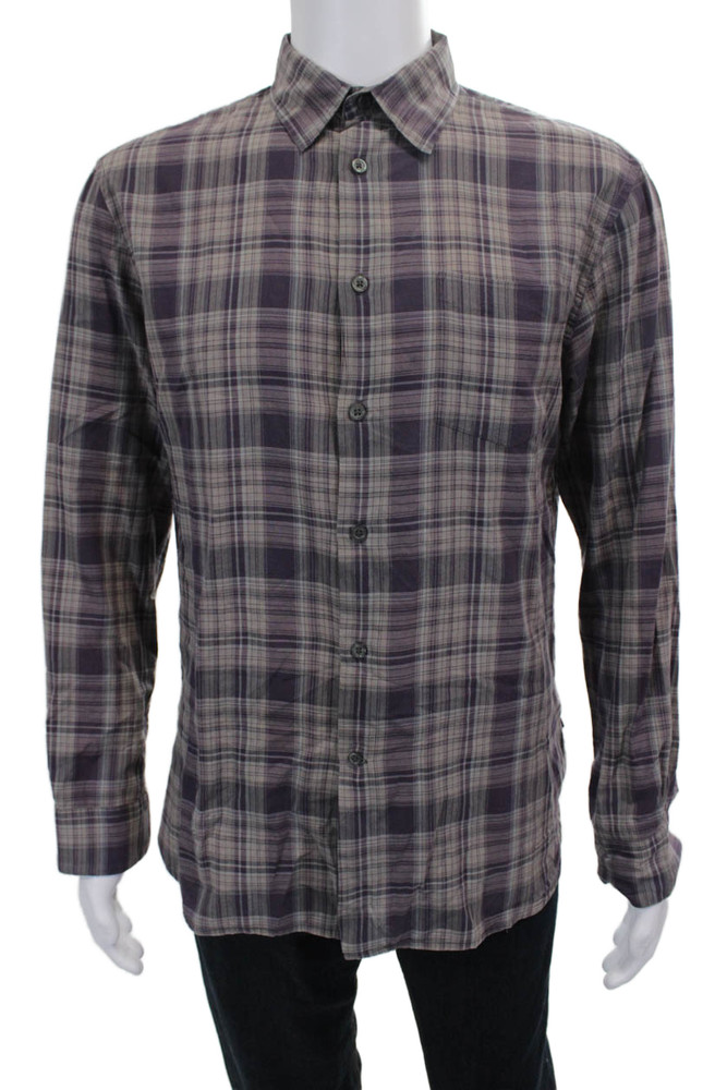 John Varvatos Mens Cotton Collared Plaid Button Down Shirt Purple Size MFree Shipping in US $100+ Orders | $6.95 Orders Below