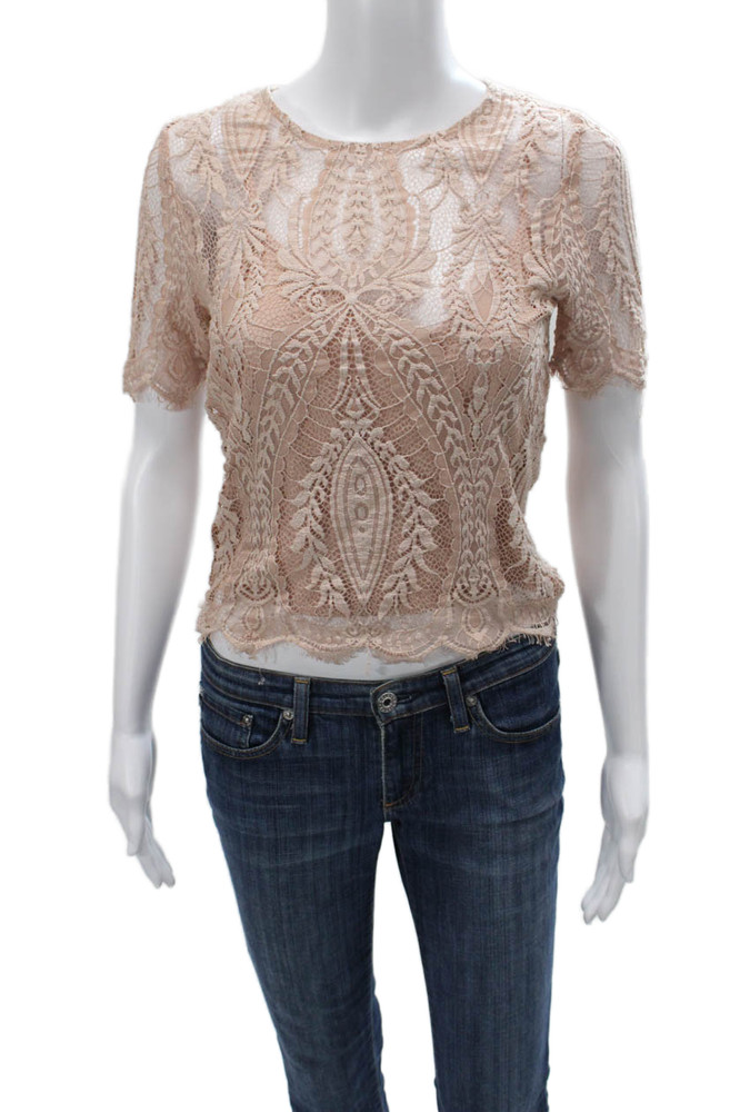Zara Womens Cropped Floral Lace Blouse Beige Short Sleeve Size MFree Shipping in US $100+ Orders | $6.95 Orders Below