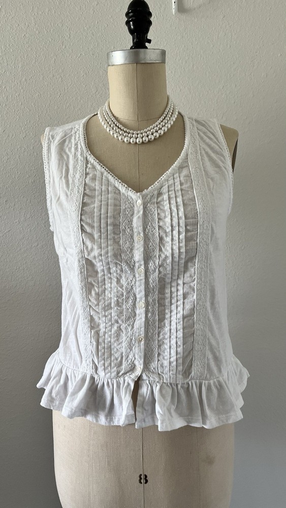 Lucky Brand White Pintuck Lace Ruffle Blouse Sleeveless Boho Cottagecore Size M