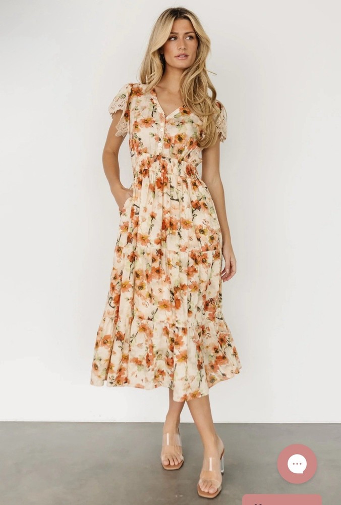Baltic Born Aliyah Midi Dress Sz Medium Coral Floral Romantic Vacation Lace NWT