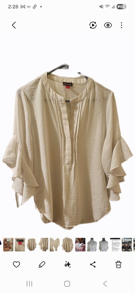 Vince Camuto Split Neck Pintuck Flutter Sleeve Henley Blouse Sz M Ivory