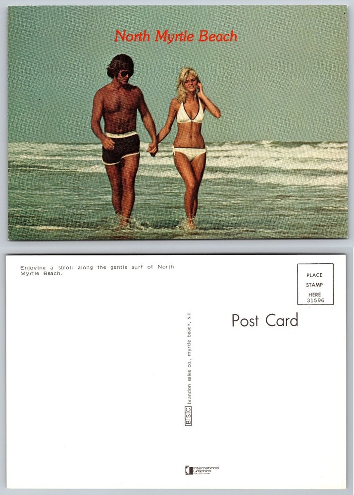 Vintage North Myrtle Beach SC Postcard Couple Strolling Ocean 1970s Chrome