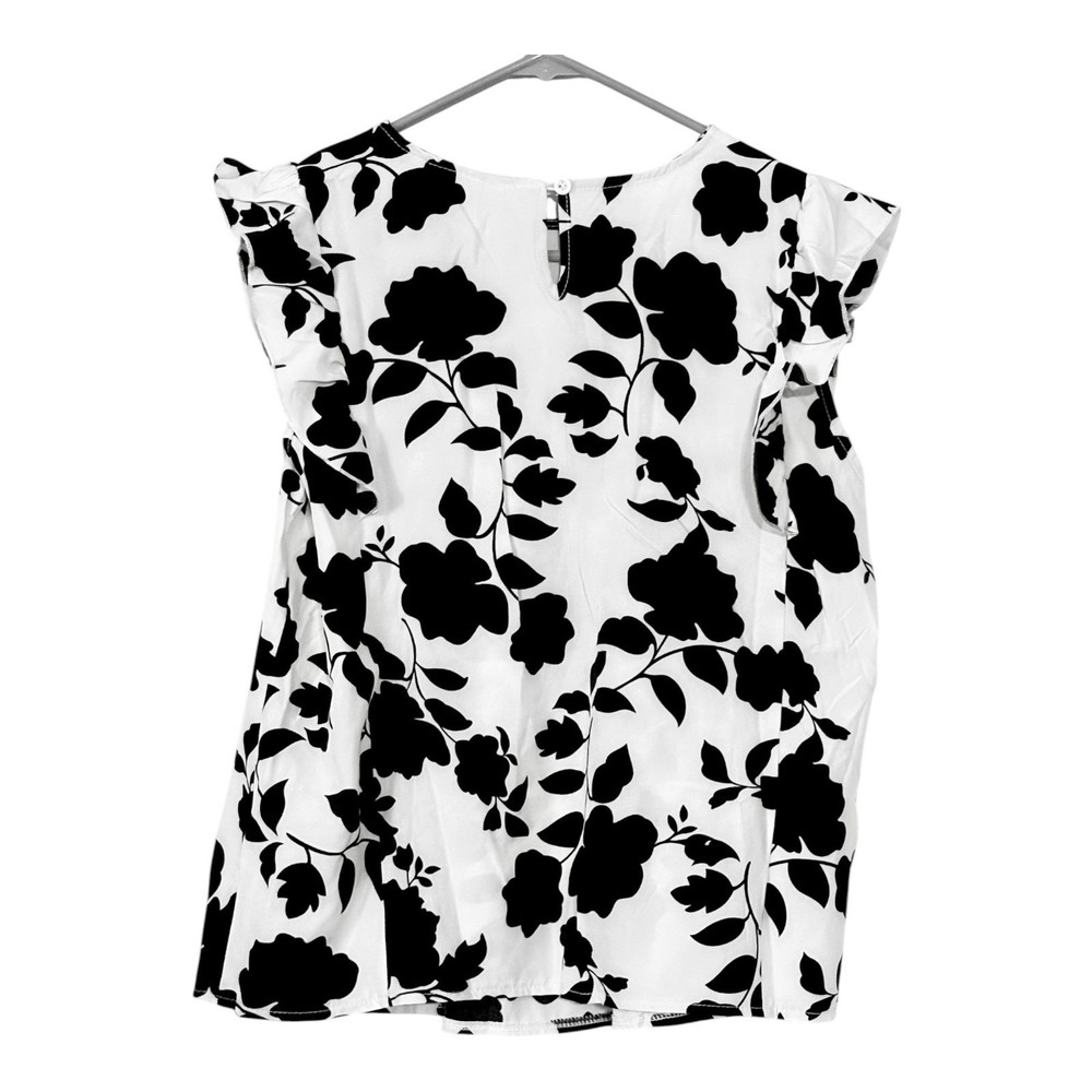 SheIn White Black Floral Chiffon Round Neck Cap Sleeve Button Blouse XL