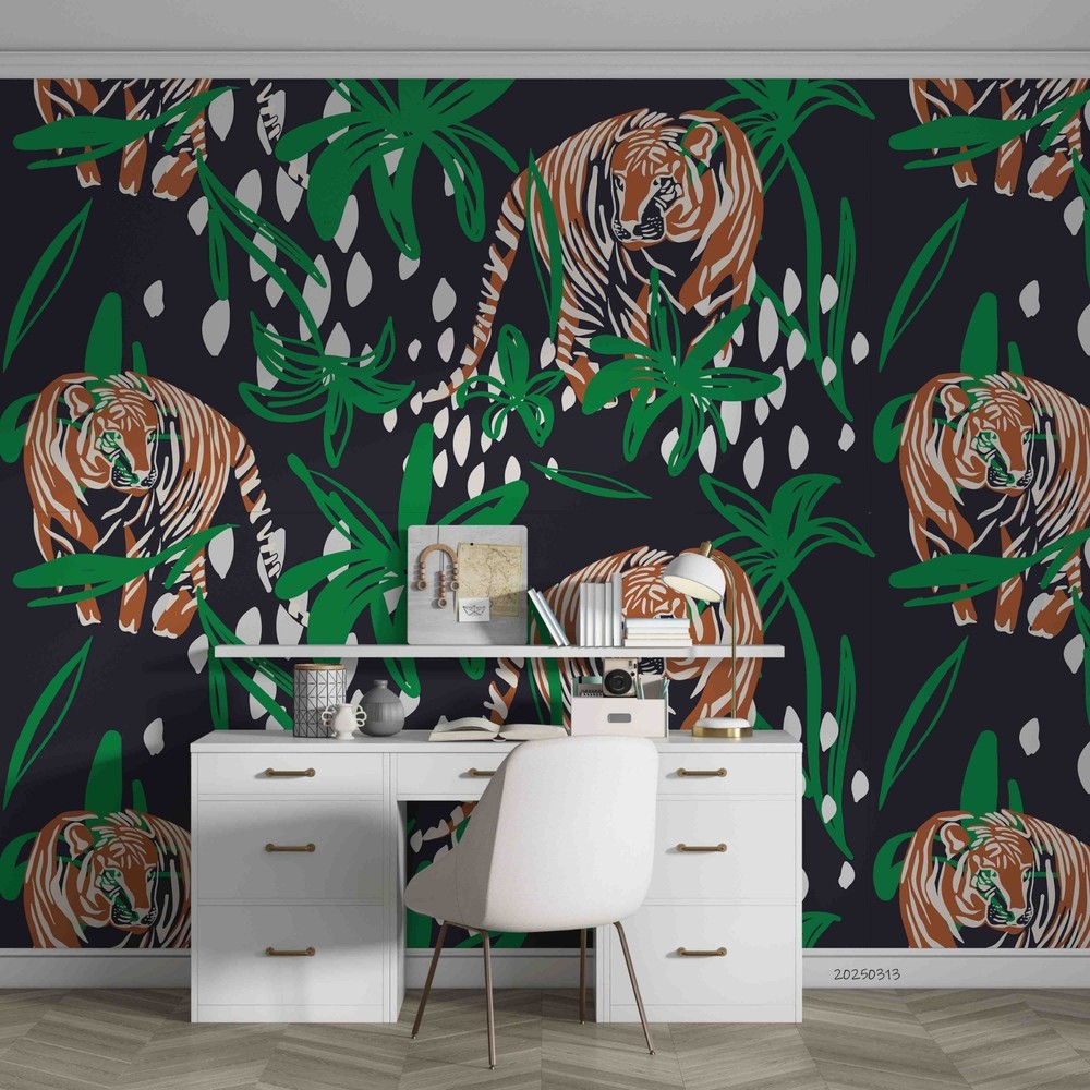 3D Hand Drawn Tiger Leaves Pattern Wall Murals Wallpaper Murals Wall Sticker 3