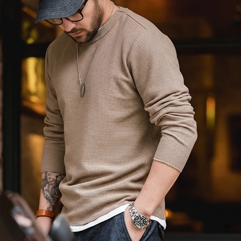 Heavyweight 300g Waffle Round Neck T-shirt Sweater Long Sleeve Shirt for Men