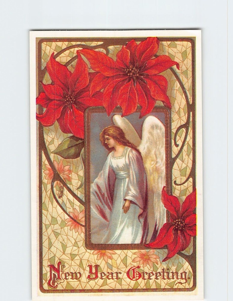 Postcard New Year Greeting  Angel & Poinsettia Flower Art Print
