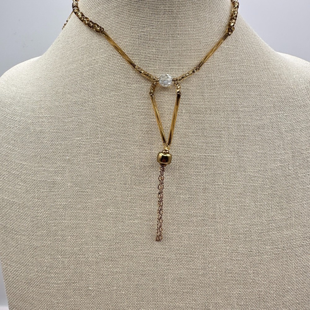 Vintage 90s Gold Tone Y-Necklace Tassel Statement Clear Crystal Beaded Jewelry