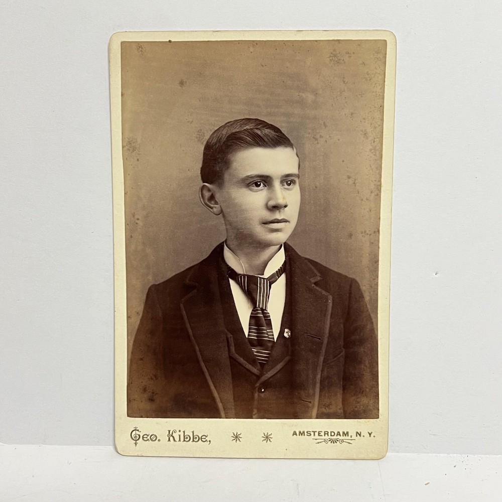 Vintage Geo Kibbe 4x6 Cabinet Card Young Man Portrait Amsterdam NY Sepia Photo
