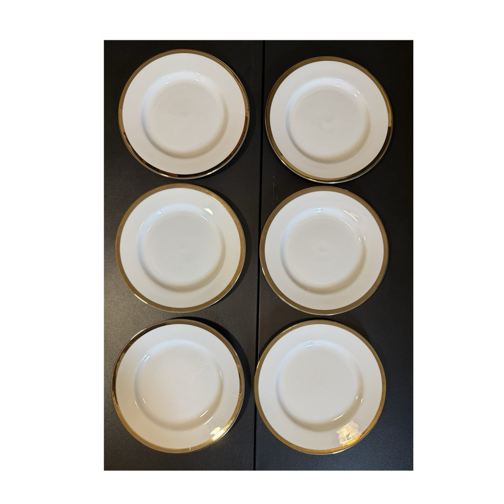Pier 1 White Porcelain Dinner Plates Gold Rim Set of 6, 8.5