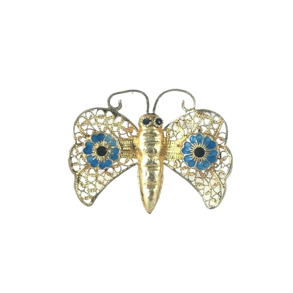 Filigree Butterfly Chinese Vintage Sterling Silver 925 Enamel Gilt Pin Estate