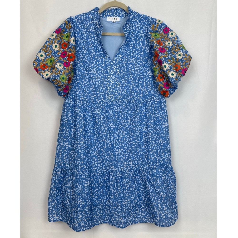 THML Women's Medium Blue Floral Dress Embroidered Puff Sleeve Boho Cottage