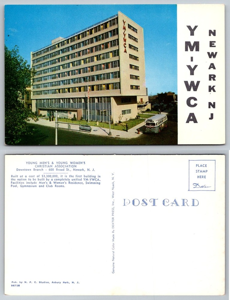 Newark NJ YM-YWCA Downtown Branch Postcard Vintage 600 Broad St Dexter Press