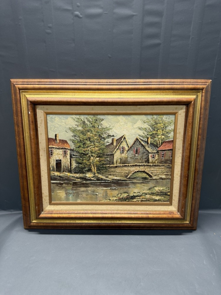 Vintage Original Oil Painting European Village Scene Signed W. Mayer Framed 1970