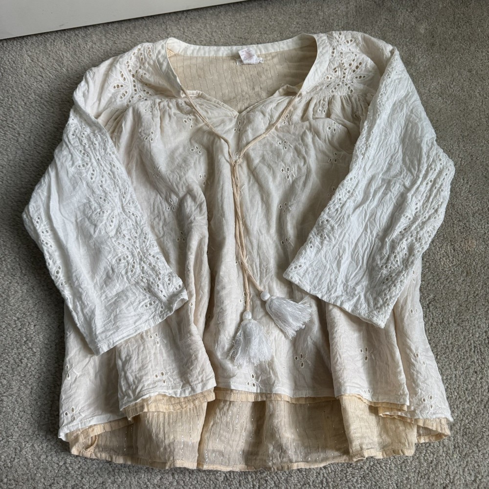Womens Shabby Chic Cream Eyelet Lace Blouse Top Boho Cottagecore Romantic Tassel