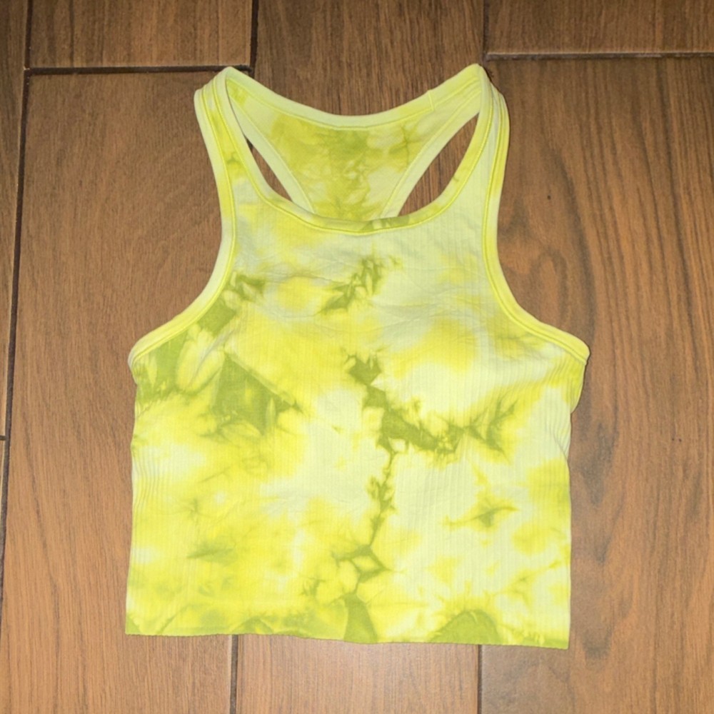 lululemon Ebb to Street Cropped Racerback Tank Tie-Dye Yellow/Green Sz 6