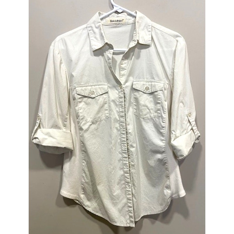 Hester & Orchard Women's Sz M Top Ivory Button Up Roll Tab Sleeves