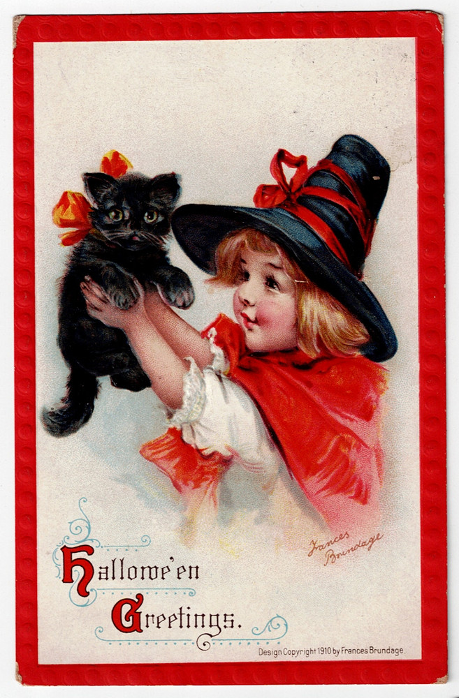 Frances Brundage Halloween Greetings Black Cat Antique Postcard 1910