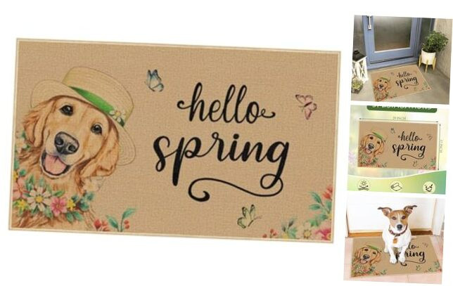 Welcome Spring Door Mat 17 x 29 Inch Non Slip Rubber, Golden Retriever Dog