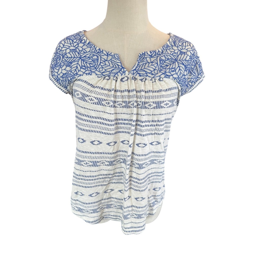 Lucky Brand Womens Small Blue White Embroidered Boho Peasant Top Cotton Blouse