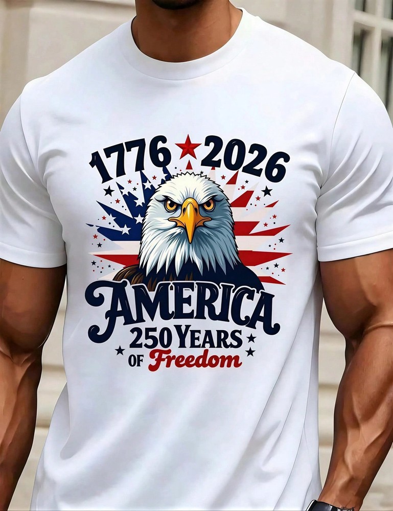 Man' S Eagle America Flag Print White TShirt, Crew Neck, Casual Cotton Tee