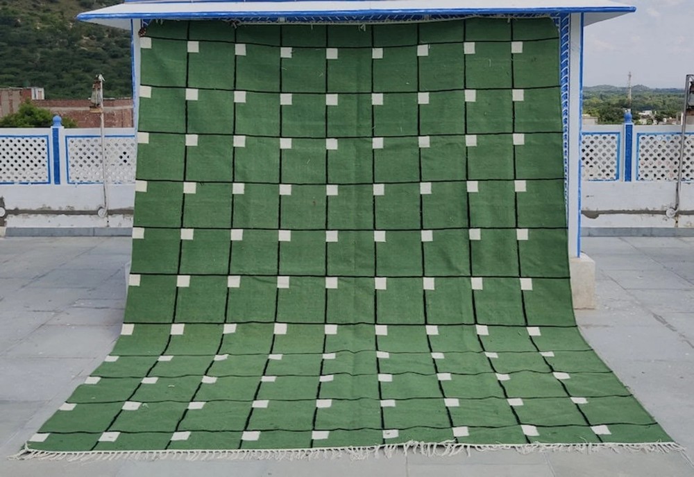 Handwoven Wool Jute Kilim Rug Color Green White Black Handmade Design Carpet Rug