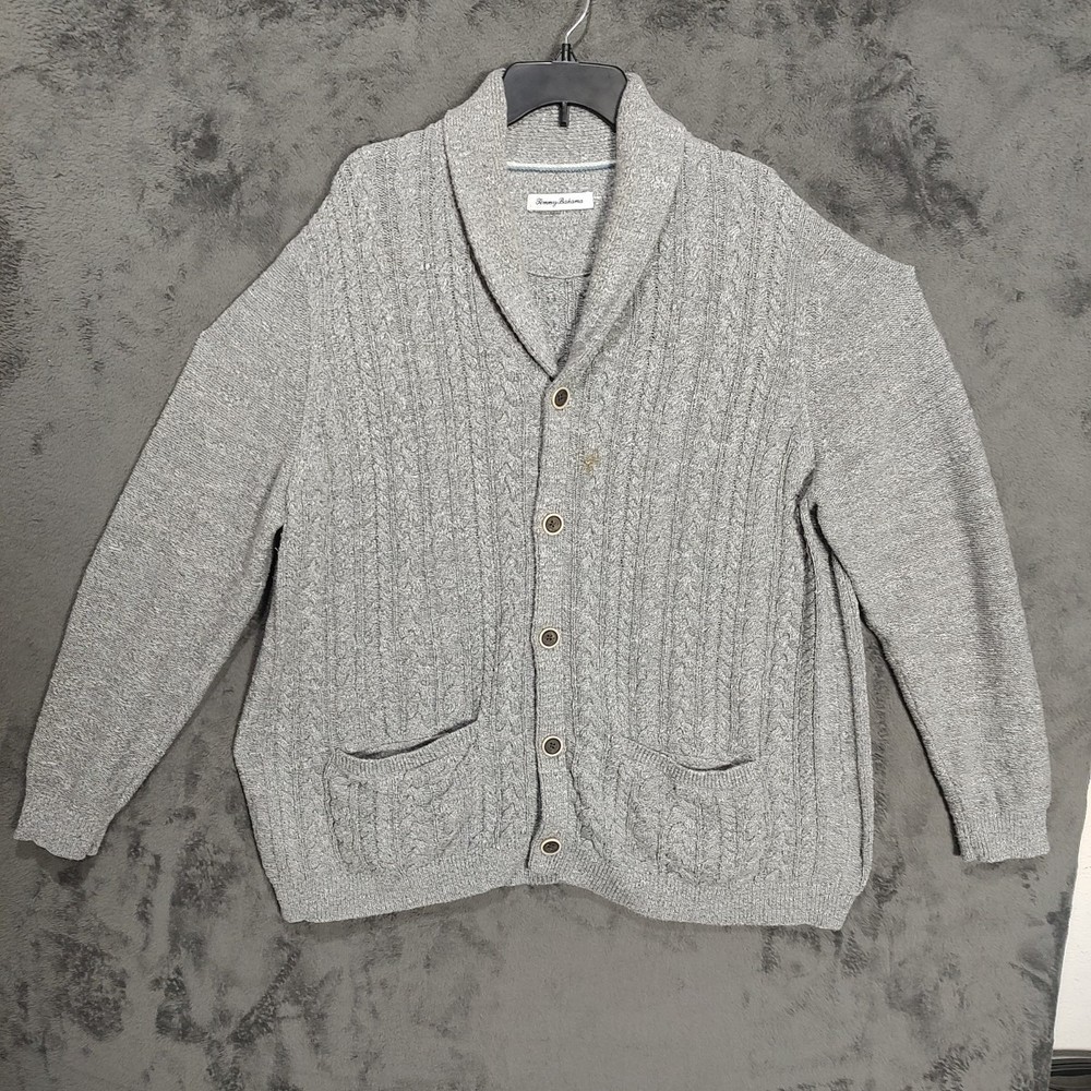 Tommy Bahama Sweater Adult XXL Gray Cotton Cable knit Shawl Pockets Cardigan Men