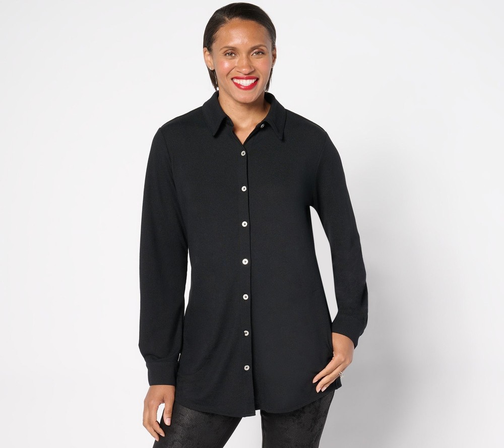 Denim & Co. Women's Top Petite 3XP Heavenly Jersey Button Front Black A670699