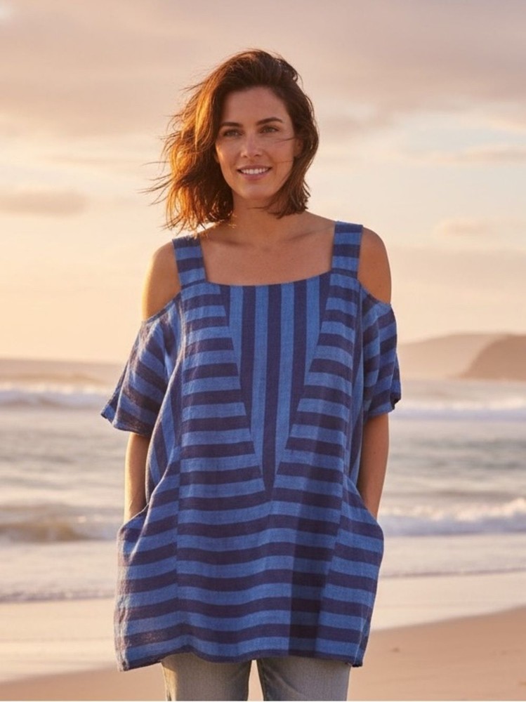 Soft Surroundings 1x Blue Stripe Linen Cold Shoulder Top Tunic Short Sleeve Boho