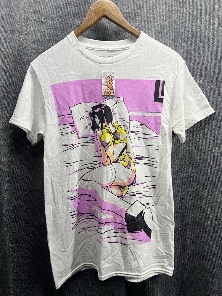 Cowboy Bebop Faye Valentine T-Shirt Size Small White Pink Provocative Bed