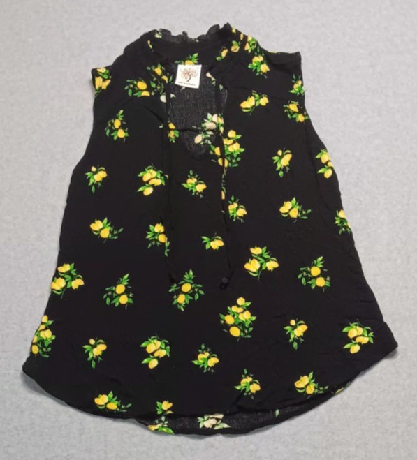 Self Esteem Womens Small Lemon Print Sleeveless Blouse Black Yellow Boho Summer