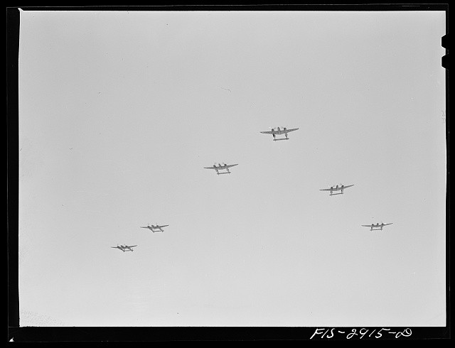 Photo:World War II Military Aircraft Formation 1940s Airplanes in Sky