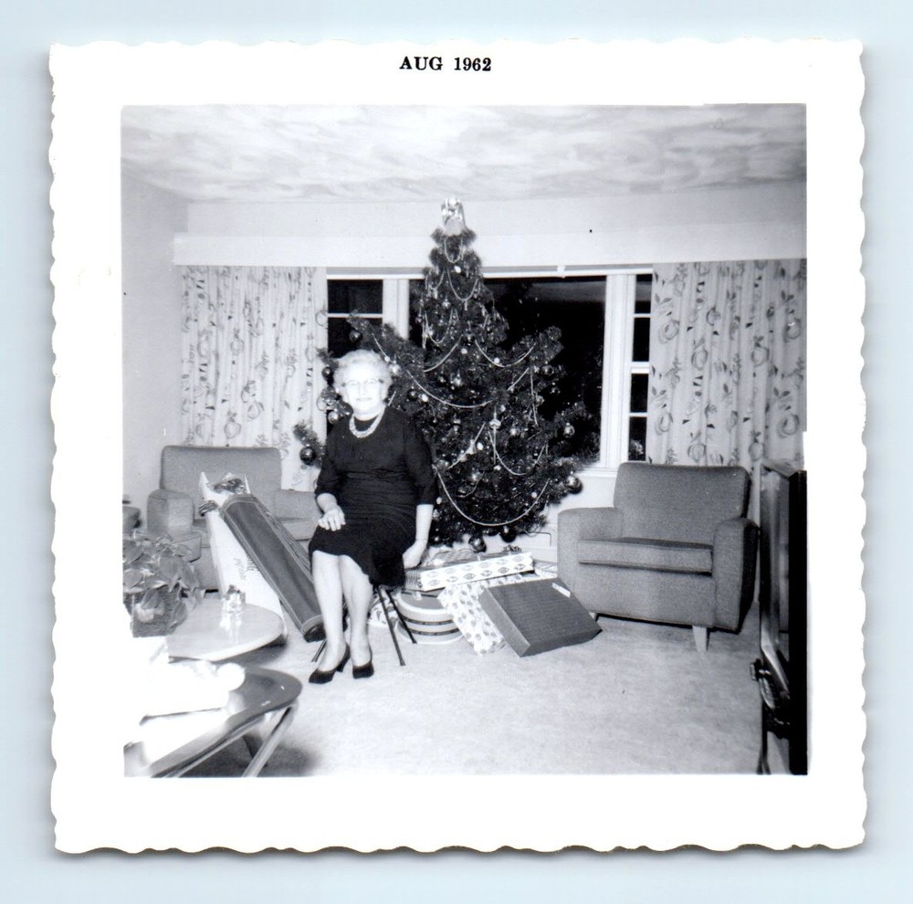 Old Vintage Square Photo SOLO WOMAN BY CHRISTMAS TREE PRESENTS LIVING ROOM