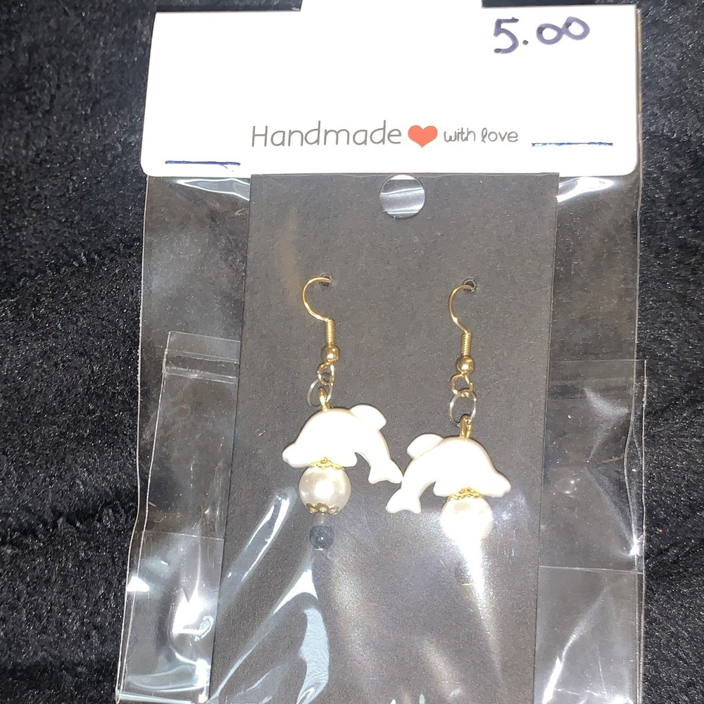Handcrafted Dolphin Dangle Hook Earrings White Round Pearl Beaded Women