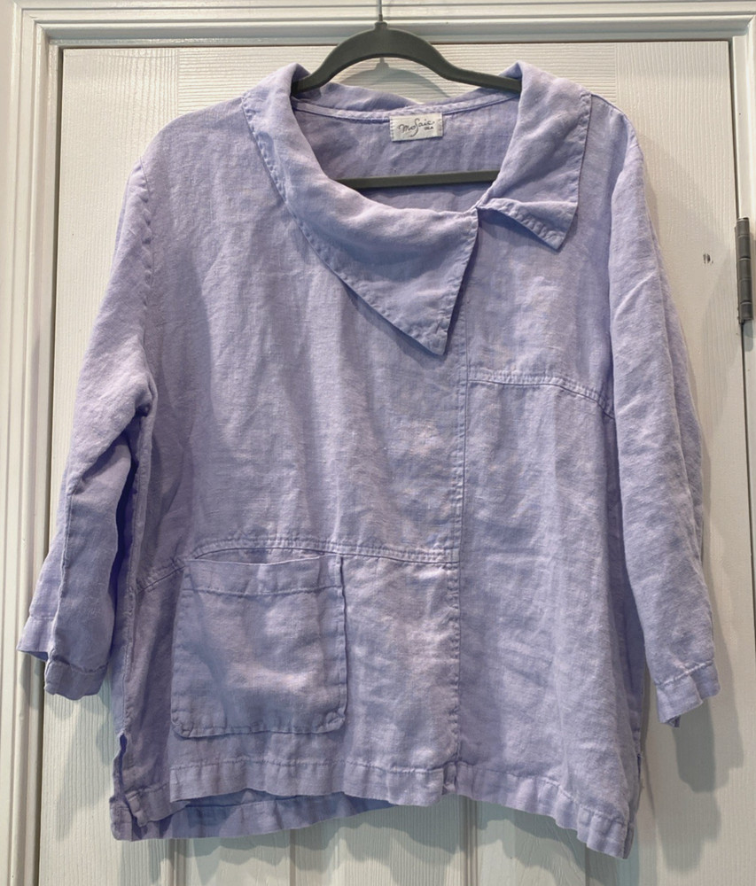 Womens Mosaic Usa Linen Tunic Top Lagenlook Asymmetric Collar Pale Purple Large