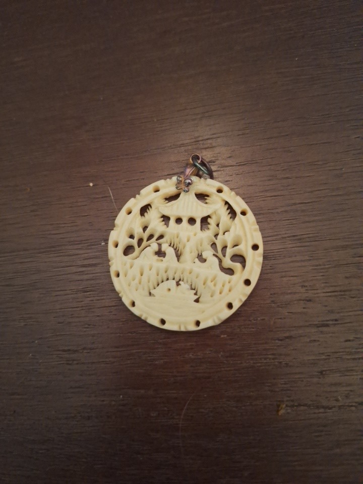 Vintage Carved Celluloid Plastic Pendant Round Medallion Asian Motif Detailed