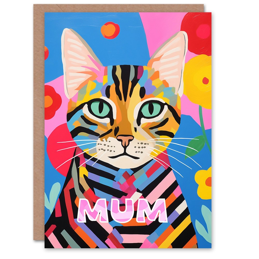 Mother's Day Greeting Card Birthday Flowers Vibrant Cat Lover For Mum