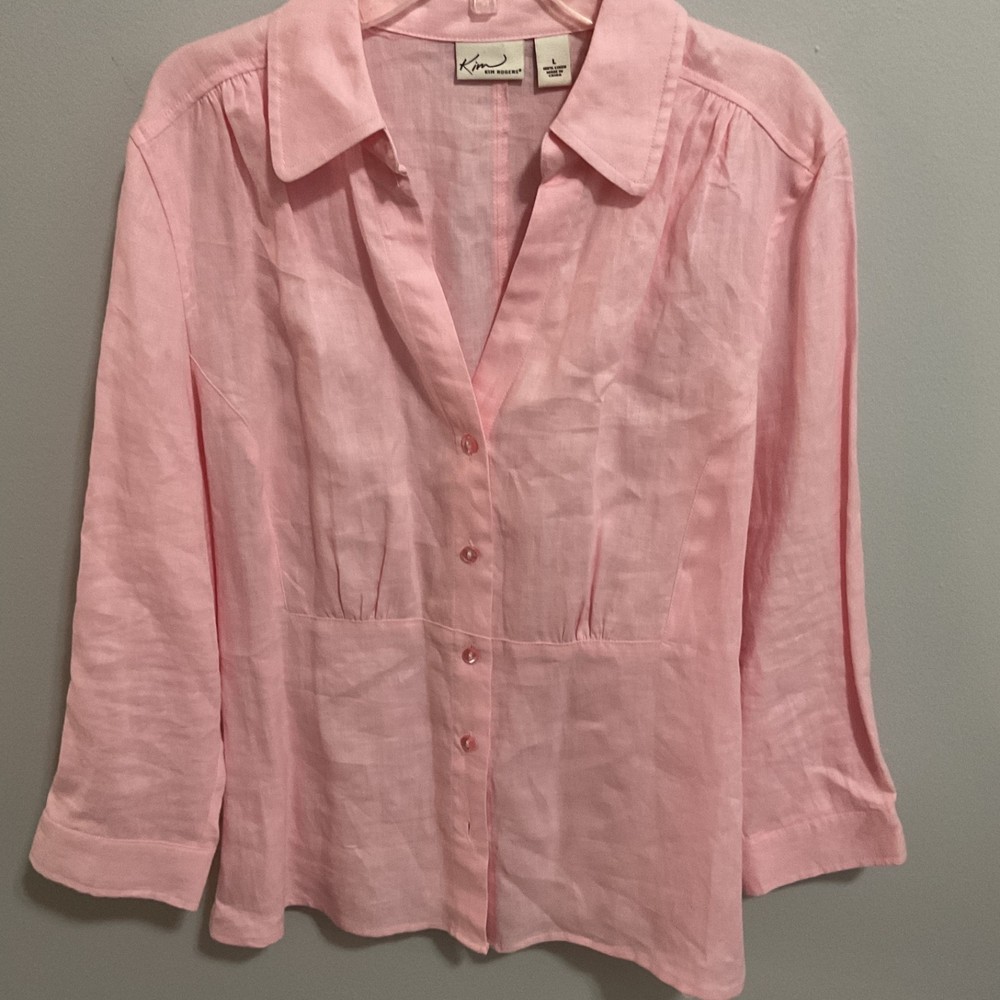 Womens 100% Linen Pink Kim Rogers 3/4 Sleeve Pintuck Button Up Top, Large,Spring