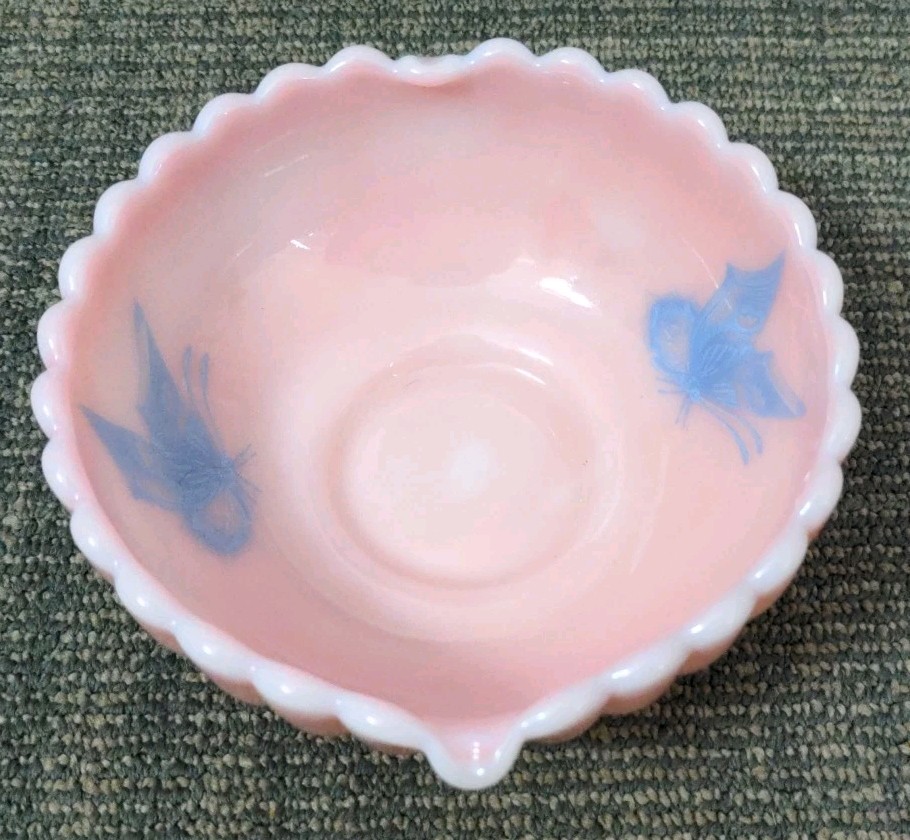 VIntage Fenton Pink Rosalene Slag Glass Heart Dish Blue Butterfly Bon Bon Bowl