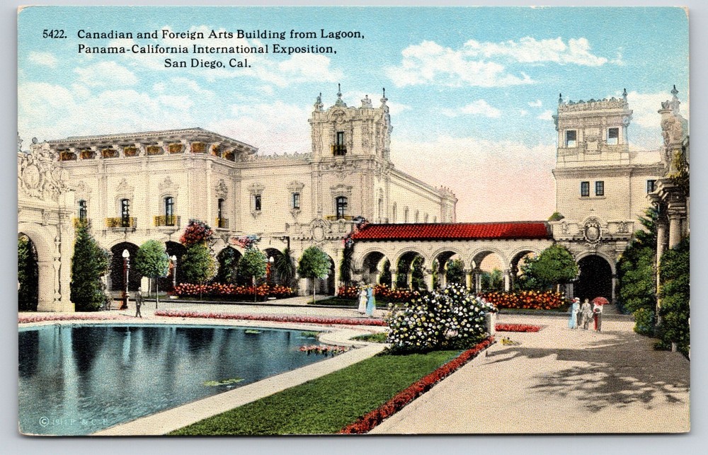 San Diego CA~Canadian Foreign Arts Bldg~Lagoon~People~Pan-Cal Expo~1915 Postcard