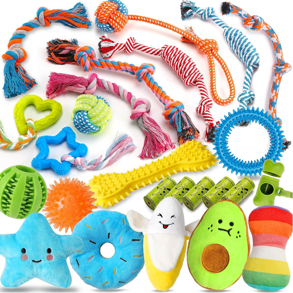 Paquete de 25 juguetes de lujo para masticar perros para cachorros, juguetes para perros con cuerdas juguetes para masticar cachorros, árbol