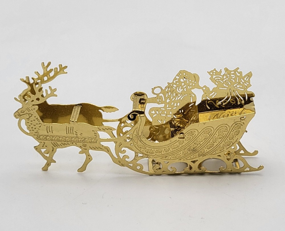 Vtg Christmas Ornament Gold Plated Brass Metal Filigree Santa Sleigh Reindeer