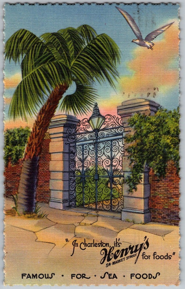 Vtg Linen Postcard Sword Gate Henrys Foods Charleston, SC 1940s