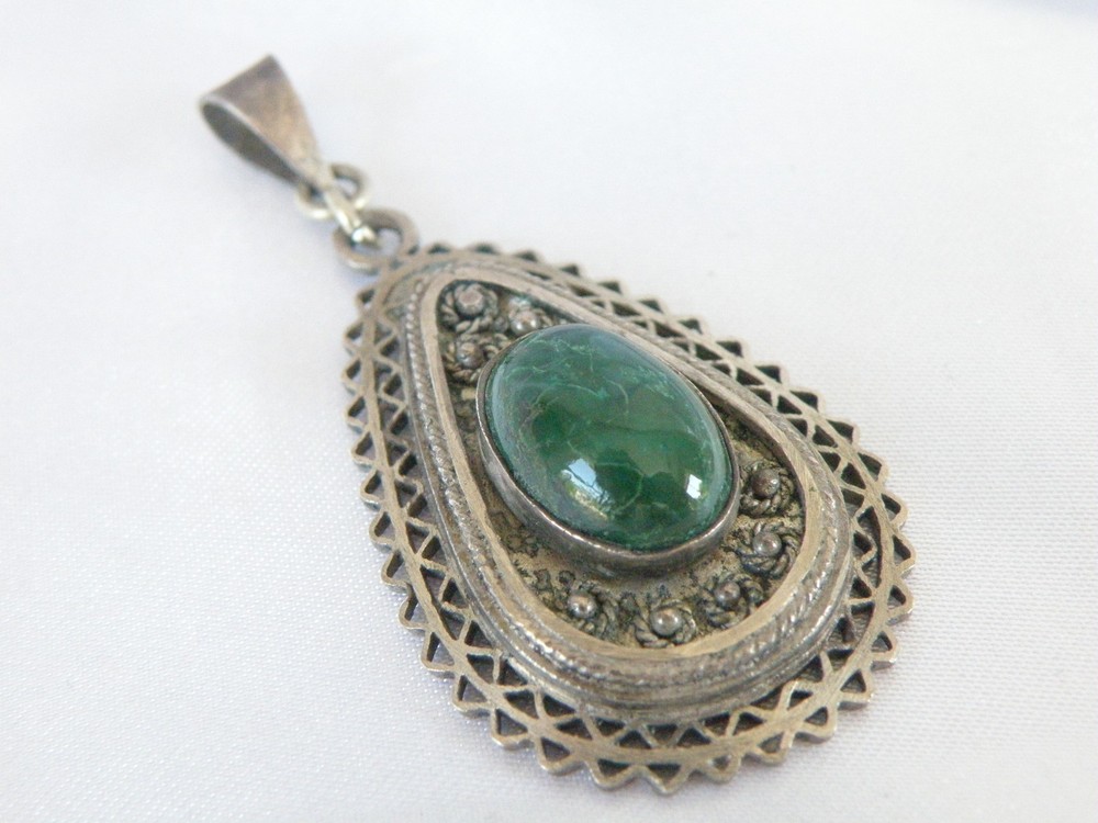 Vintage Sterling Silver 925 Eilat Stone Filgree Israel Large Antique Pendant